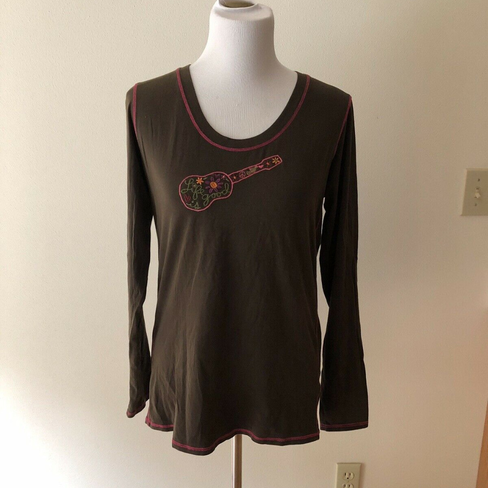 Life Is Good brown top with guitar - womens L fit